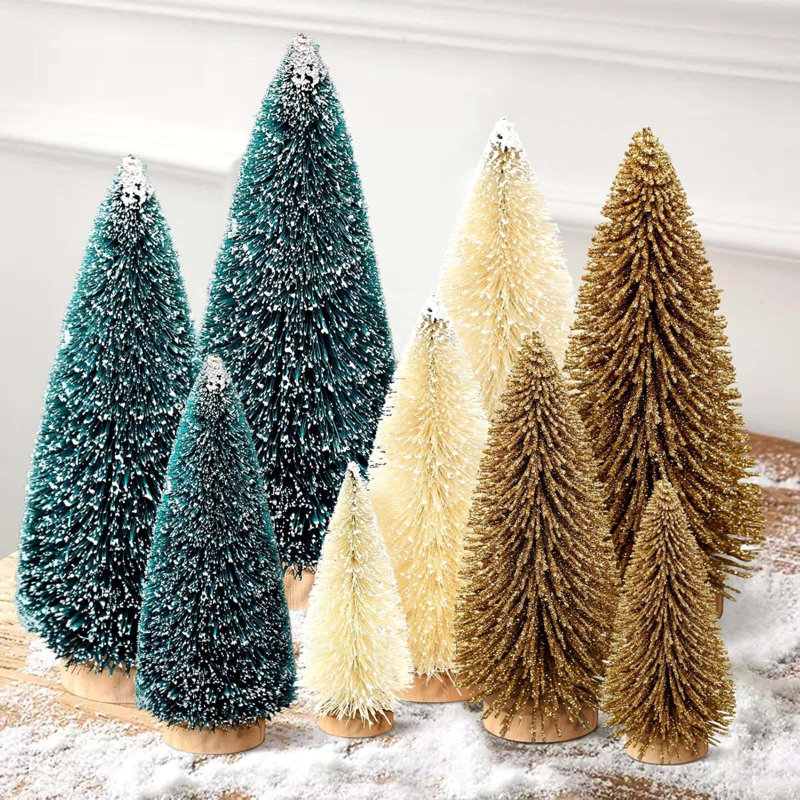 9 pièces de mini sapins de Noël, décorations de Noël artificielles avec 4 tailles, sapin de Noël, arbre de Noël, brosses, décorations de table de Noël (vert foncé, beige doré)