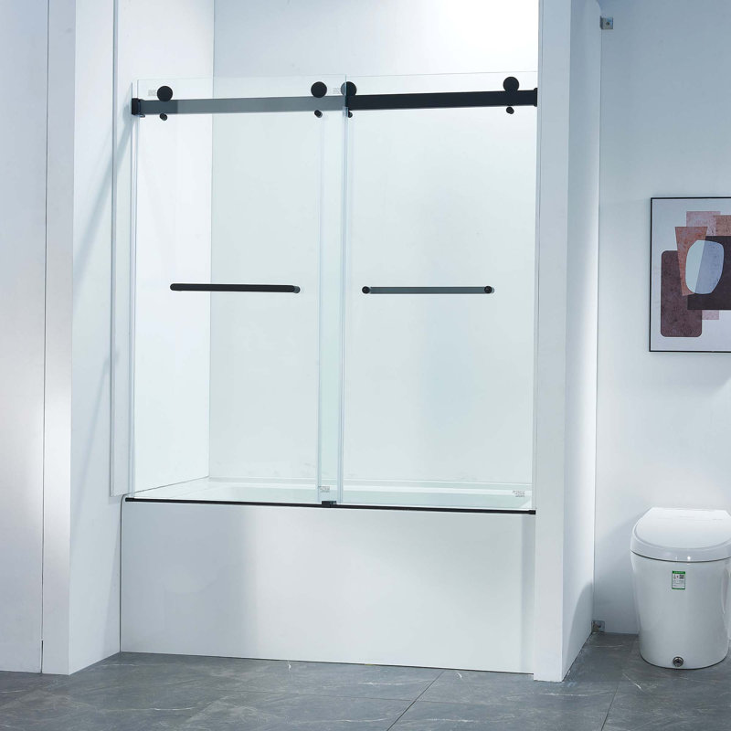 56-60"W X 60"H Frameless Double Sliding Tub Shower Door, 304 Stainless Steel In Matte Black, 5/16" (8Mm) Thick SGCC Tempered Clear Glass.