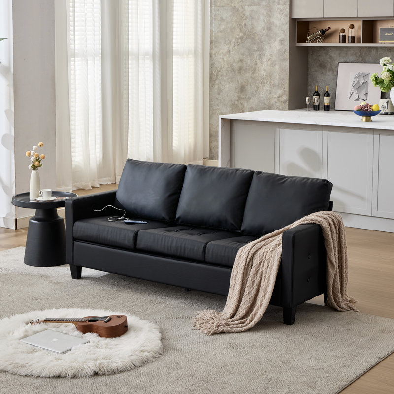 71" W 3 Seater Faux Leather Sofa With USB Ports
