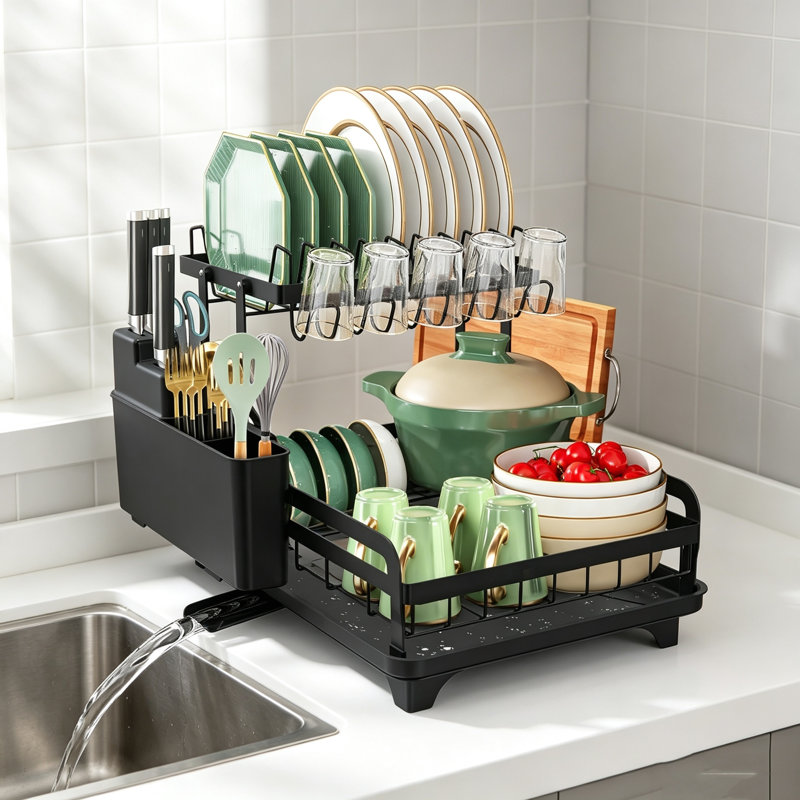 Black Dish Drying Rack 2-Tier Stainless Steel Foldable Drainer with Drip Tray 28 x 42 x 29 cm