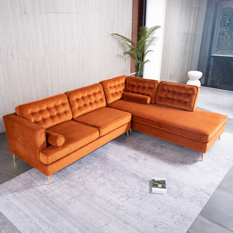 Canapé modulaire 100% en velours capitonné Addilynn, Orange, Accoudoir à droite (vu de face)