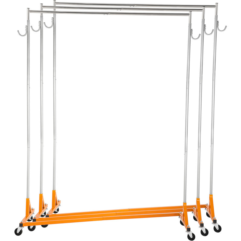 Adjustable Height Rolling Garment Rack with Z Base, Heavy Duty Steel Clothing Rack with Lockable Wheels and Side Hooks, Set of 3 for Home and Commercial Use, Orange