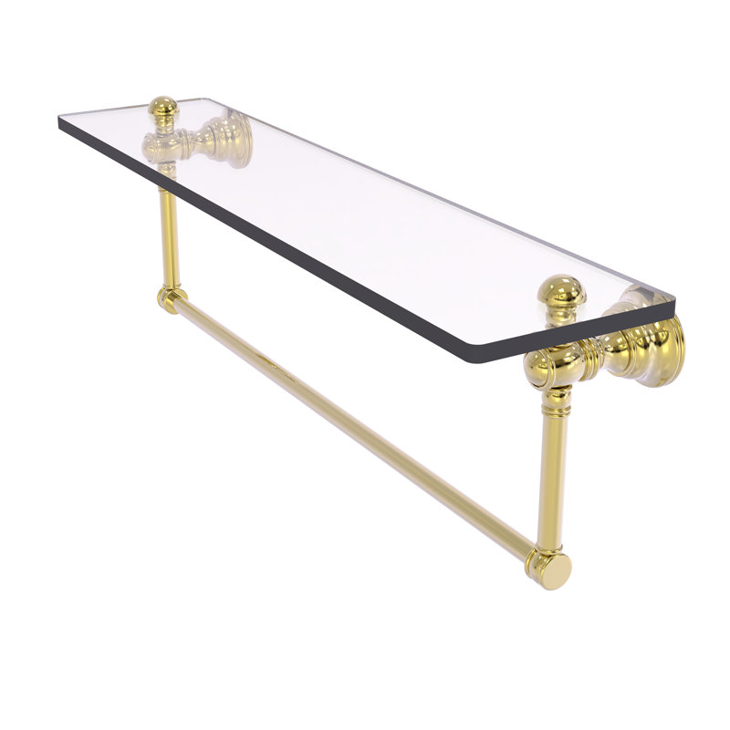 Freyja Glass Accent Shelf with Towel Bar, 5.54" H x 22" W x 7" D, Unlacquered Brass