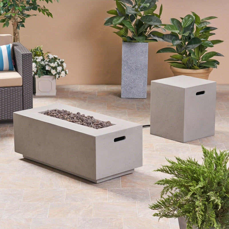 Caelan Rectangle Lightweight Concrete/MGO Propane Smokeless Fire Pit Table, Light grey