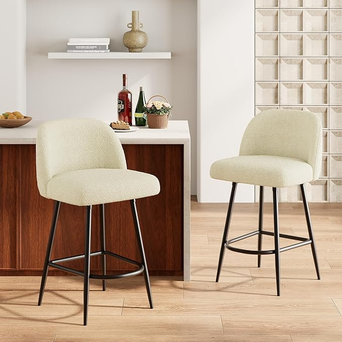 Bar Stools Set of 2 - 26" Leather Upholstered Kitchen Island Stools with Back & Metal Footrest, Modern Counter Height Chairs for Home Bar & Dining, White
