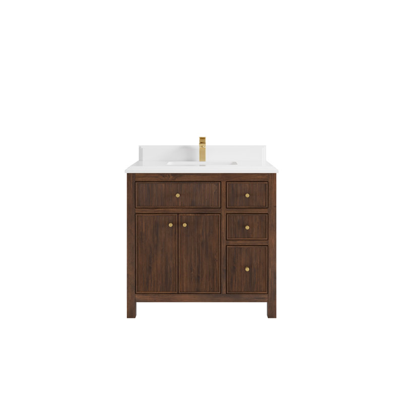 Teck de 36 po Sonoma X P 22 po Meuble-lavabo central en noyer foncé avec quartz Cove Edge, Blanc