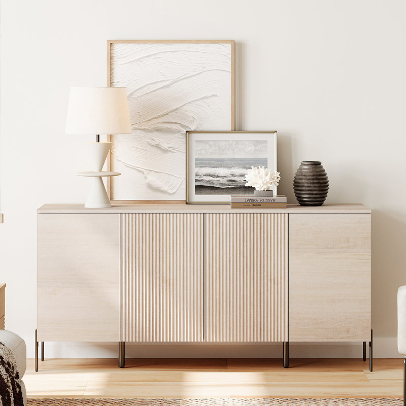 61.6"Wide Wood File Cabinet With Shelves, Minimalist Reeded Design, Modern Farmhouse Office Storage Cabinet For Study Room, Living Room