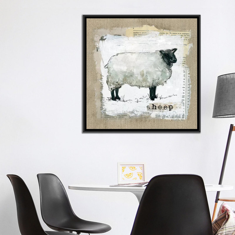 «Burlap Sheep», impression sur toile, H 18 po x l 18 po x P 1,5 po, Toile avec cadre noir, Pas de tapis