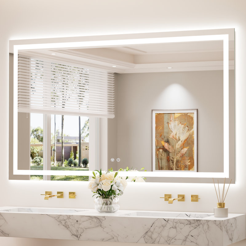 Front & Back LED Lighted Tempered Glass Dimmable Anti Fog Bathroom Vanity Mirror, 60" x 36"