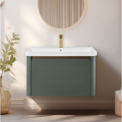 Meuble-lavabo simple flottant et mural de 30 po Barkley en vert rétro avec lavabo et comptoir intégrés en céramique