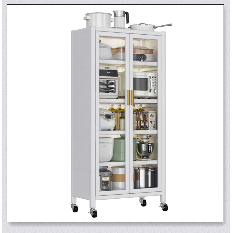 Floor-to-Ceiling Multilevel Open-Door Kitchen Shelving and Microwave Storage Cabinet for Enhanced Organization and Space Efficiency