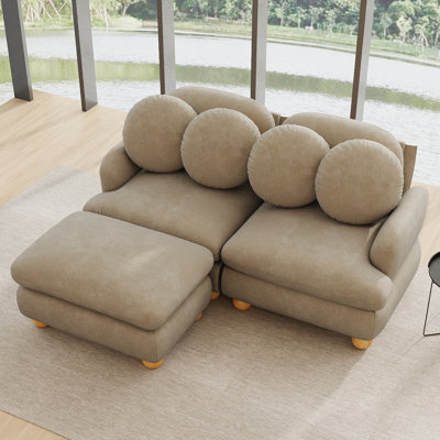 Canapé d'angle modulaire 2 places en chenille de 173 cm, assise profonde, avec 1 pouf et 4 coussins décoratifs, couleur camel