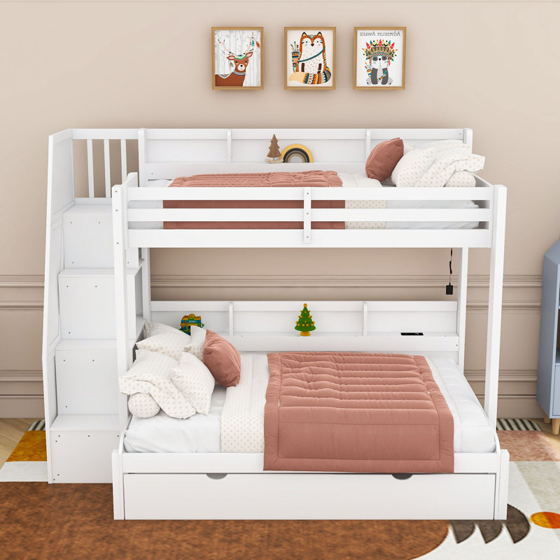 Twin Over Full Wood Bunk Bed With Twin Trundle, Charging Port, LED Light And Storage Stairs, White