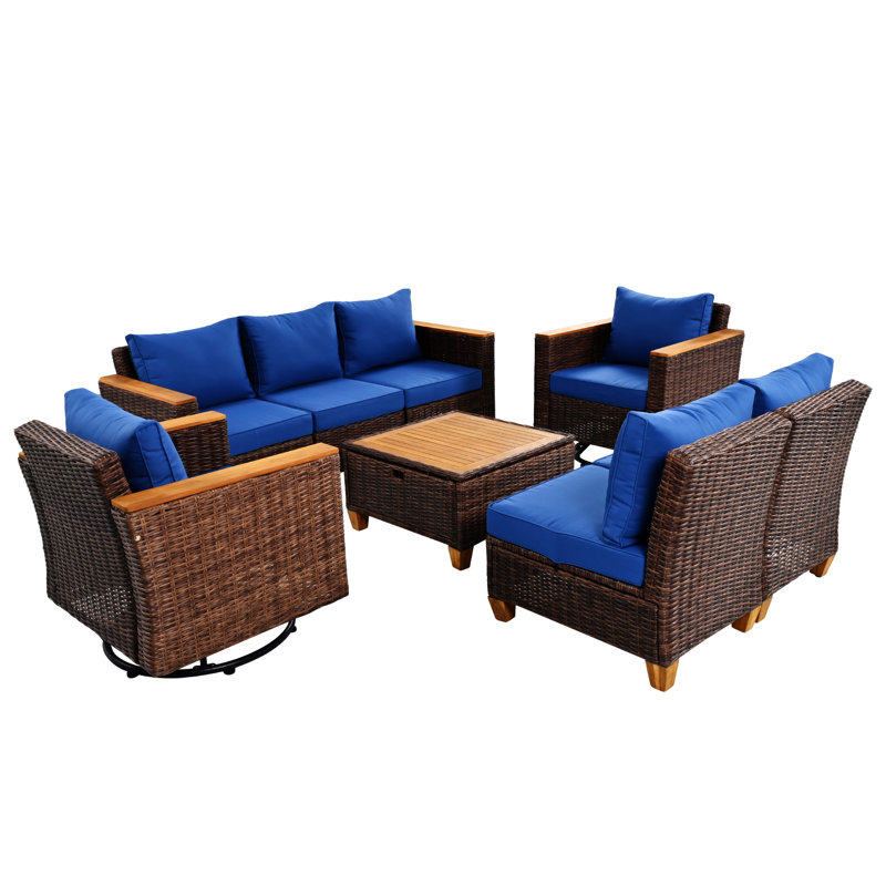 Ensemble 8 pièces de mobilier d'extérieur en osier avec coussin épais, Bleu, Brun