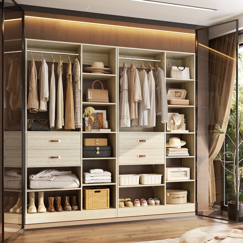 80'' W Closet System with Wooden Drawers and Hanging Rods, White Oak