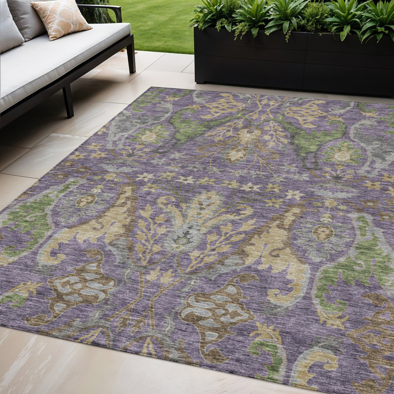 Tapis extérieur lavable floral mauve et vert 5 pi x 8 pi