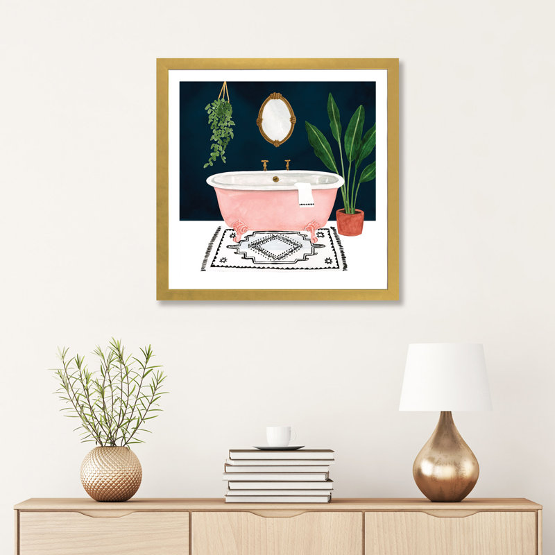 «Boho Bath II» par Victoria Borges - impression d'art graphique, Encadré en papier doré, H 24 po x l 24 po x p 1 po