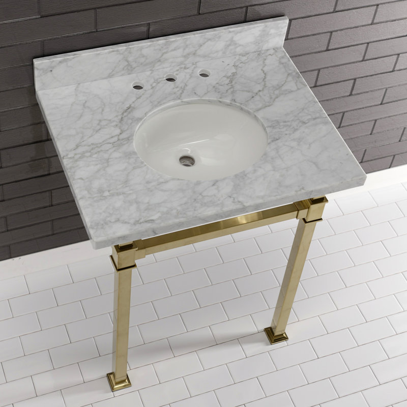 Kingston Brass Monarch 30-Inch Carrara Marble Console Sink with Stainless Steel Legs (8-Inch, 3-Hole)