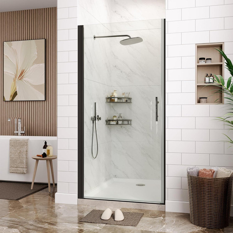 72" x 34" Frameless Pivot Shower Door, 6mm Clear Tempered Glass with Stainless Steel Handle, Easy to Clean, Black