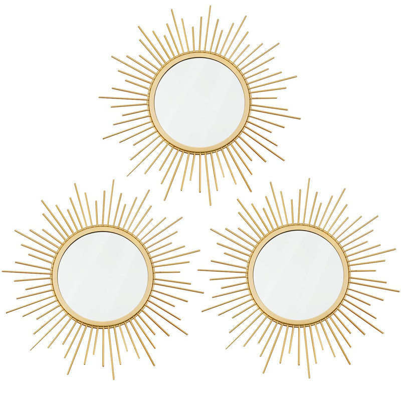 3 Pack Metal Mirrors For Wall Sunburst Wall Mirrors Home Décor Decorative Hanging Wall Art For Living Room Bedroom Entryway (Gold, Sunburst)