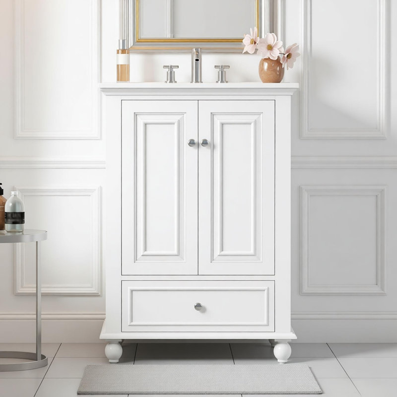 Meuble-lavabo de 24 po avec lavabo en céramique, armoire de rangement avec portes à fermeture douce, armoire de salle de bain avec tiroir et séparateurs de tiroir