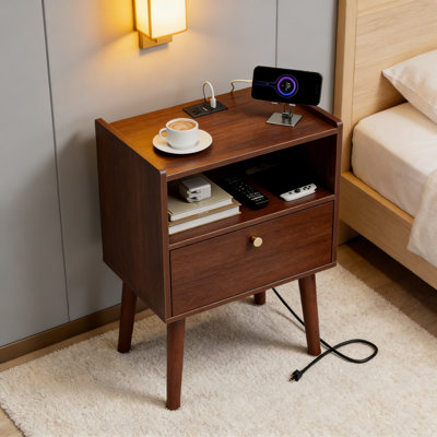 Table d'appoint de charge avec tiroir cannelé, table de bout moderne à 2 niveaux avec ports USB et prises de courant, table de chevet avec beaucoup de rangement pour la chambre et le salon