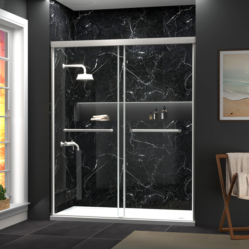 Porte de douche coulissante moderne de 57 à 60 po x H 72 po, verre trempé de 1/4 po (6 mm), cadre en aluminium brossé nickel