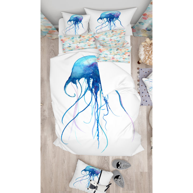 Twin White and Blue Jellyfish Microfiber Duvet Cover Set