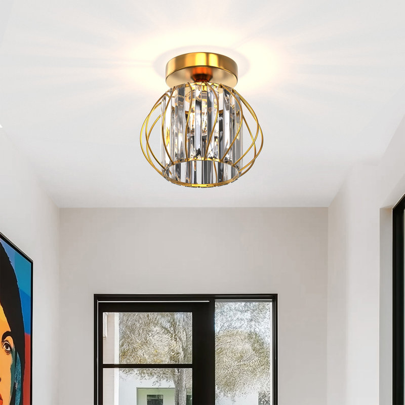 7 po Plafonnier semi-encastré moderne en cristal 1 lumière, conception de cage dorée pour couloir, entrée ou chambre à coucher