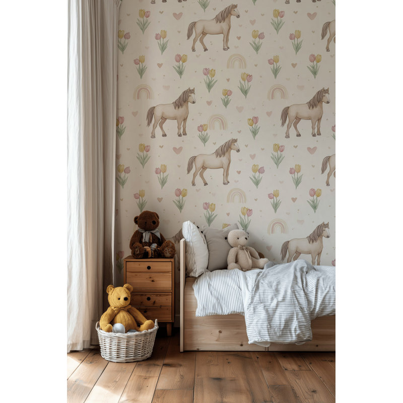 Papier peint chevaux, tulipes et cœurs, Non tissé, non collé