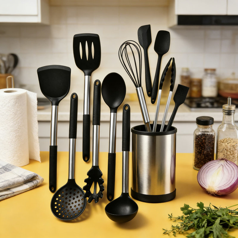 12-Piece Professional Silicone Kitchen Utensil Set With Stainless Steel Handles, Heat Resistant, BPA-Free, Non-Stick Cookware Safe, Dishwasher Safe