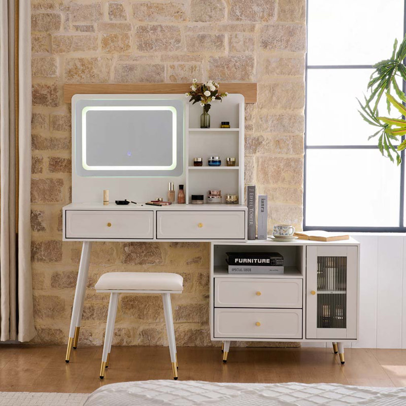 Coiffeuse de maquillage réglable avec miroir haute définition, plusieurs modes d'éclairage et prises de courant intégrées pour des routines de beauté organisées