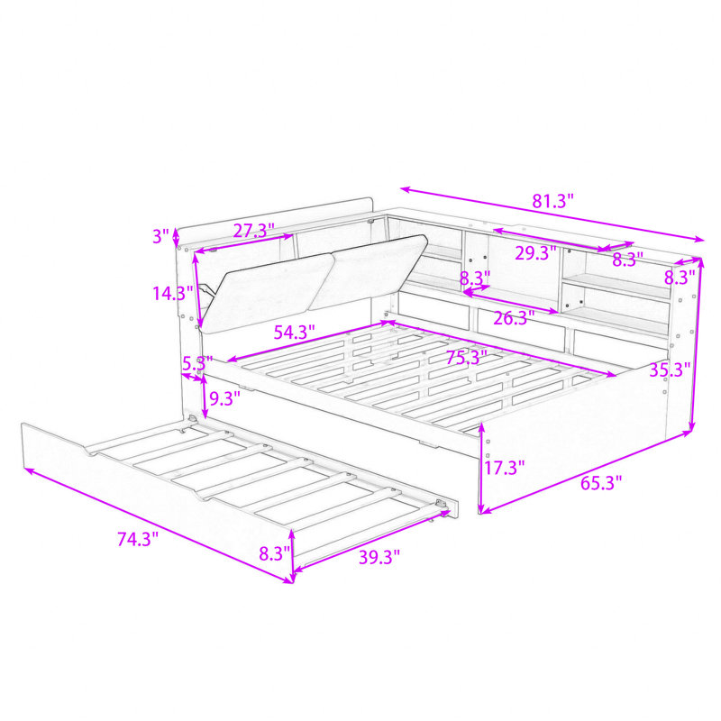 Wood Platform Bed with Twin Trundle, Storage Shelves and Headboard, Full, White