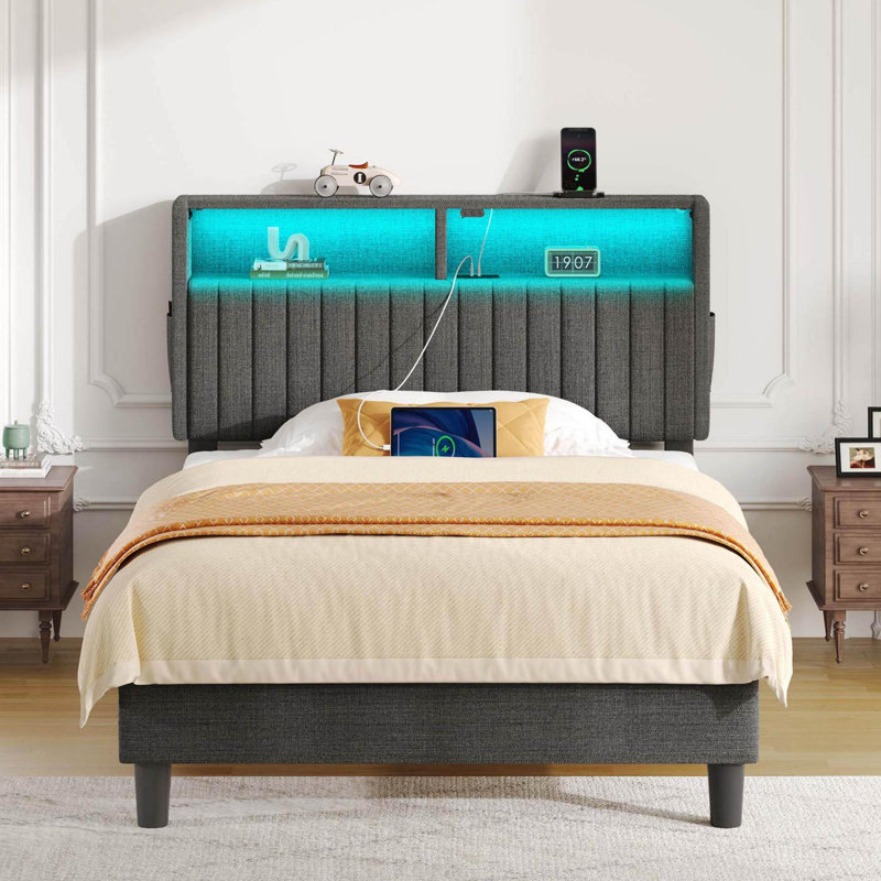 Bed Frame with Headboard, Modern Upholstered Design, Built-In Charging Station & LED Lighting, No Box Spring Needed, Gray