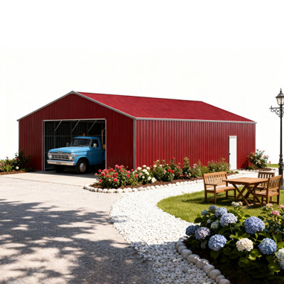 Garage en métal robuste mesurant 46 pi x 25 pi, pour la protection des véhicules et de l'équipement, cadre de calibre 14, toit renforcé, chantiers de construction de couleur brun rougeâtre de 25 pi, avec entrée galvanisée d'un côté,