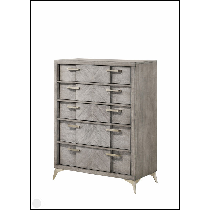 Commode élégante à 5 tiroirs avec placages assortis gris pour un rangement élégant et fonctionnel dans la chambre à coucher