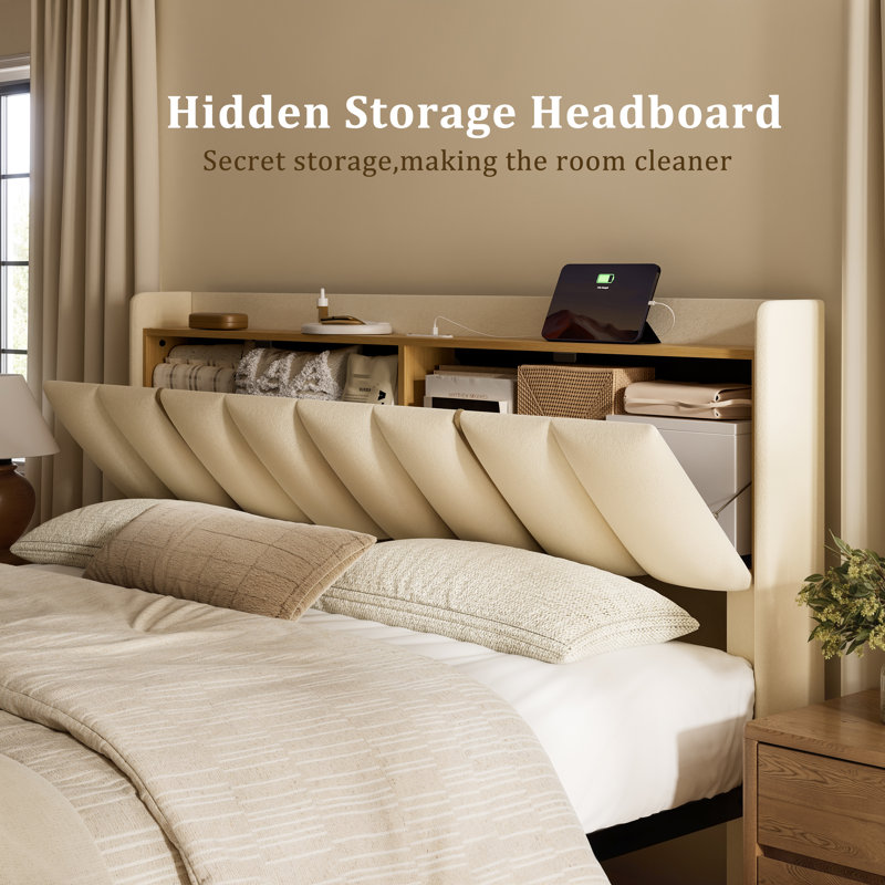 Upholstered Full Bed with 2 Drawers and Open Storage Headboard，Platform Bed with Charging Station, No Spring Boxing Needed, Beige