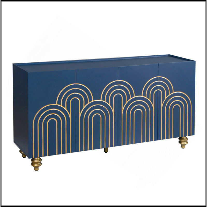 Buffet moderne cannelé avec rangement, élément courbe avec lignes strictes, armoire de rangement à 4 portes avec tablettes réglables pour la cuisine, la salle à manger et le salon