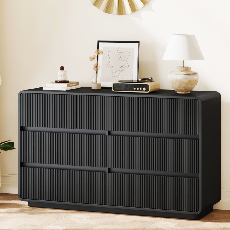 Commode double 7 tiroirs, commode l 47,7 po / panneau à vagues, commode de rangement moderne pour chambre à coucher, noir