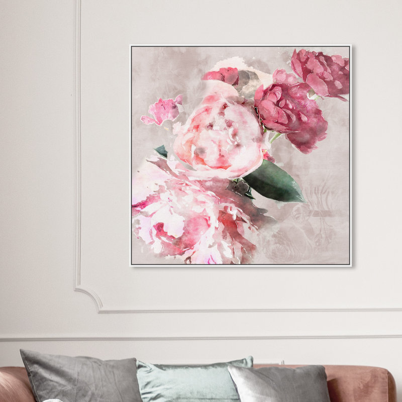 Doux romantique, rose traditionnel - peinture, H 40 po x l 40 po, Cadre flottant blanc