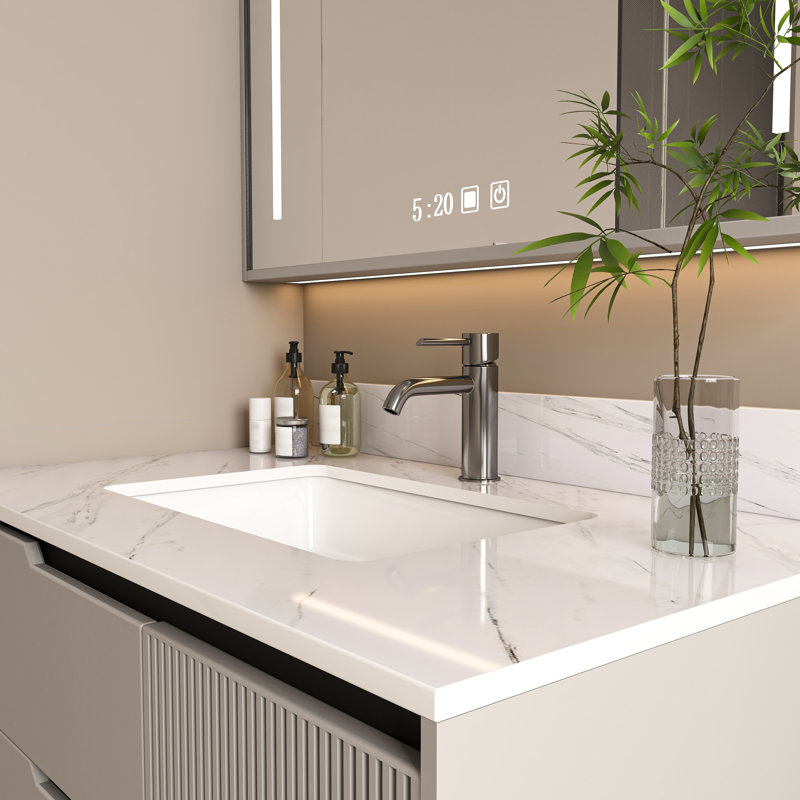 Dessus de meuble-lavabo blanc Hensleyra avec trou de robinet pré-percé et pierre frittée durable (évier seulement), 37 pouces