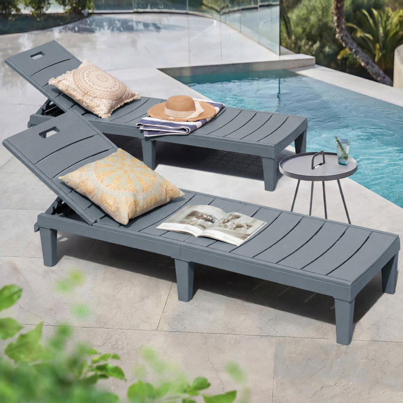 2-Pieces Outdoor Chaise Lounge Chairs with Adjustable Backrest, Gray