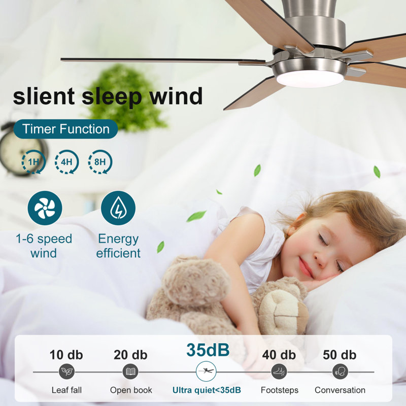 52 Inch Ceiling Fans With Lights, Indoor Low Profile Ceiling Fan With 3cct, Reversible Dc Motors Flush Mount Ceiling Fan , Led Dc Reversible Modern Ceiling Fan For Bedroom