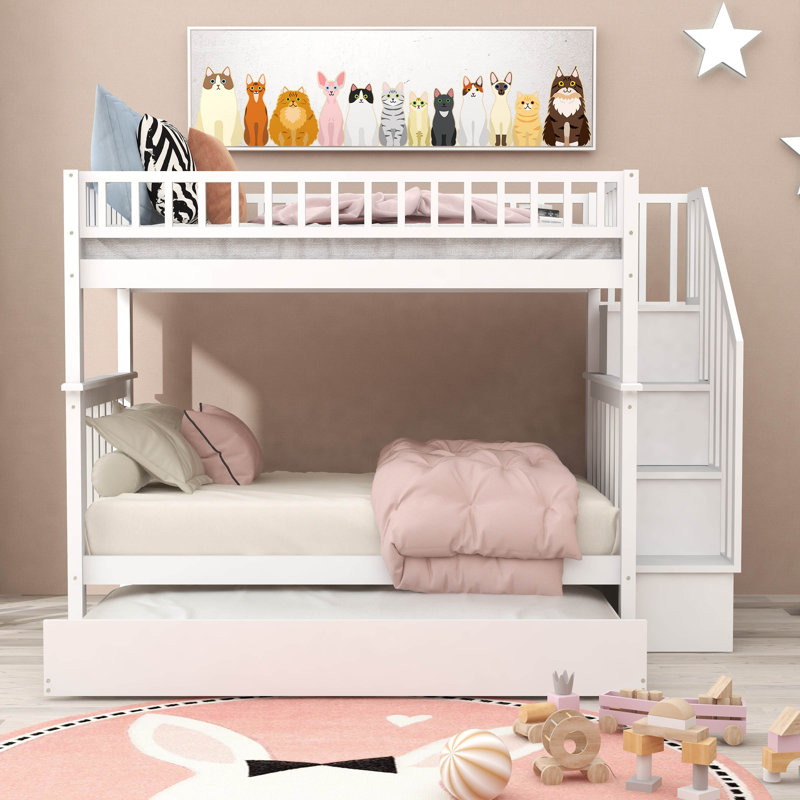 Lit superposé simple en bois avec lit gigogne et rangement, Blanc