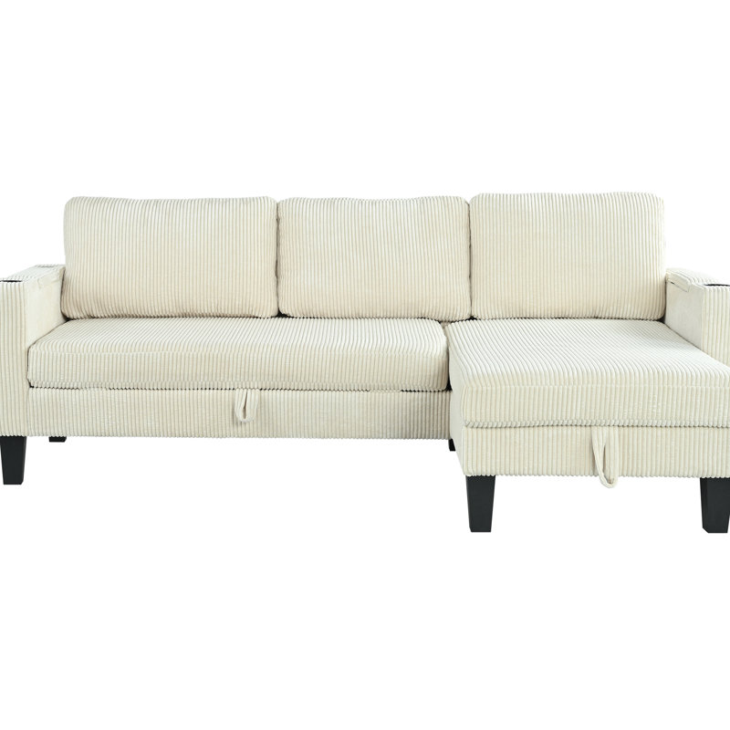 3 canapé-lit modulaire réversible en velours côtelé avec méridienne avec rangement, porte-gobelets sur les accoudoirs, ports, idéal pour le salon, la chambre à coucher, le bureau - beige, 84,78 po de profondeur, 50,43 po de largeur, 33,49 po de hauteur, 112,57 lb