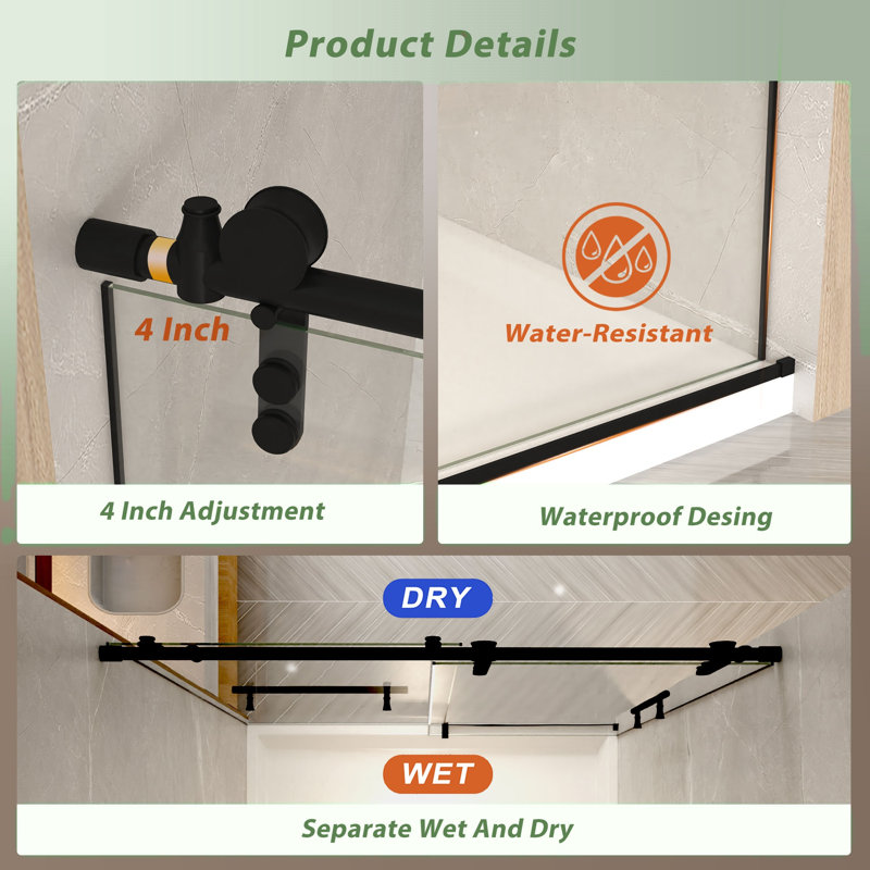 Porte de douche coulissante sans cadre en acier inoxydable noir de 56 à 60 pouces, Noir mat
