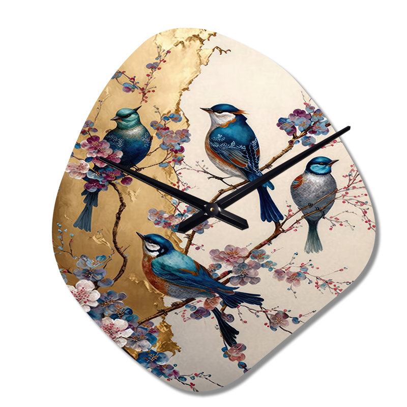 Multicolore oiseaux sur prunier II - horloge asymétrique moderne en métal, impression d'horloge murale beige, Grand