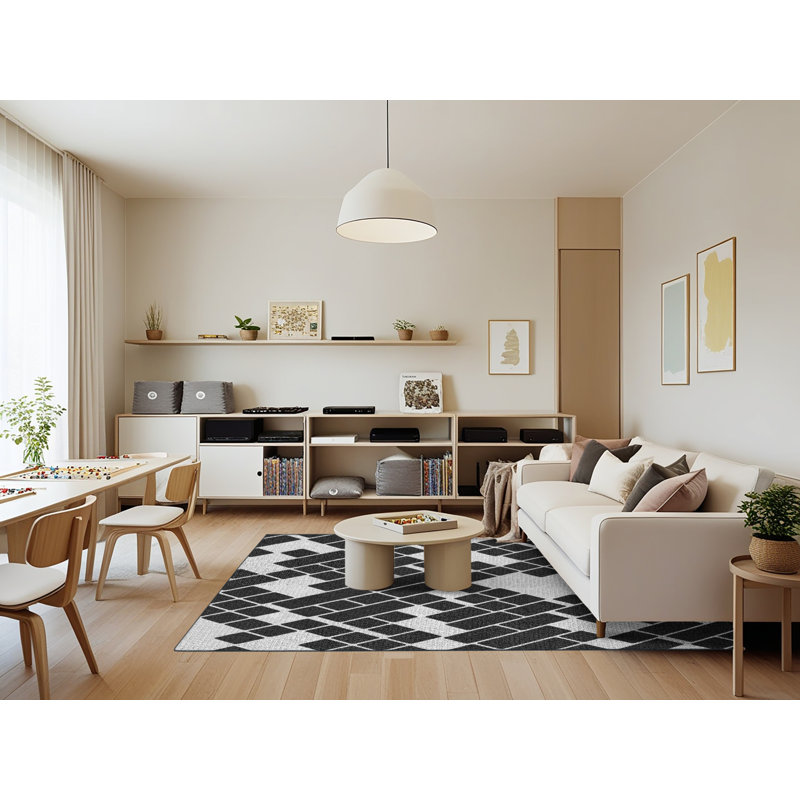 Tapis noir / blanc à motif géométrique Antonyo, Rectangle 7 pi x 9 pi