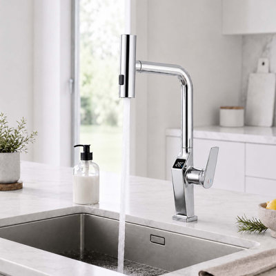 Touchless Kitchen Faucet with LED Temperature Display, Motion Sensor Activation, Pull-Out Sprayer Kitchen Faucet with 3 Spray Modes, 360° Swivel Spout, Single Handle Deck Mount Kitchen Sink Faucet, Chrome