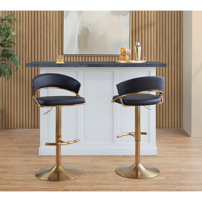 Loehr Adjustable Bar Stools with Rounded T Footrest, Gold, Black Faux Leather